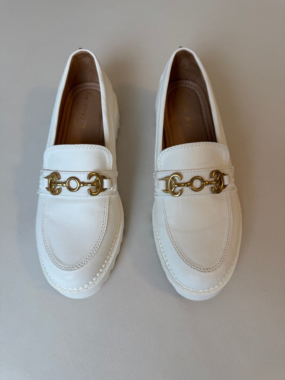 Circus NY Sam Edelman Deana White Gold Horsebit Lug Sole Loafers Size 7 NWOT
